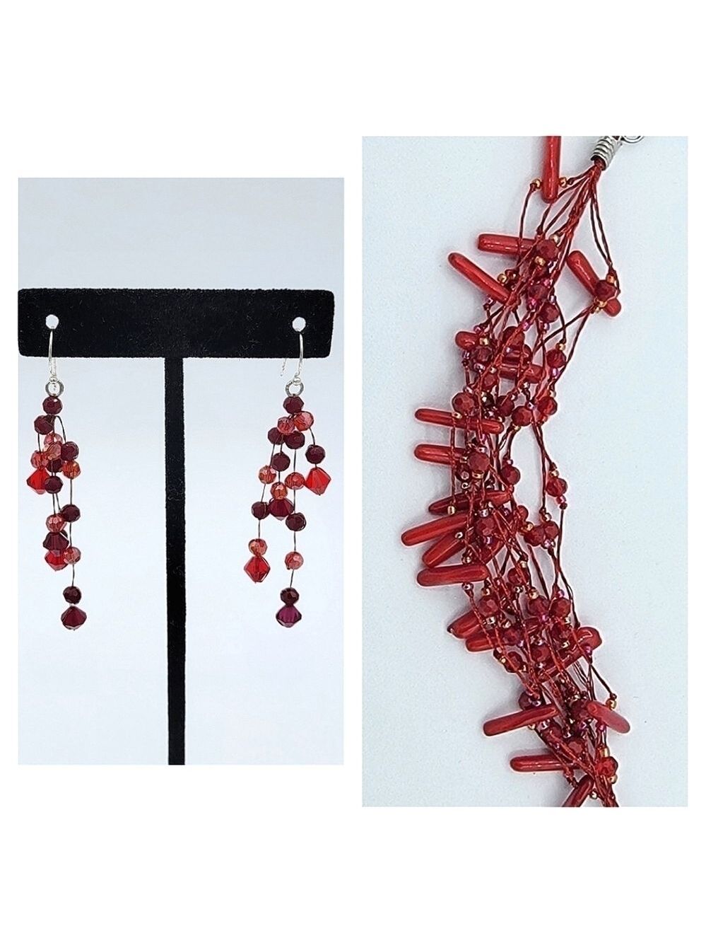 Coral Bracelet & Earrings Red #2049